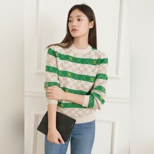 Womens JIANYUE Unique Green/Beige Jacquard Knit Cashmere Blend Sweater Y2K. L